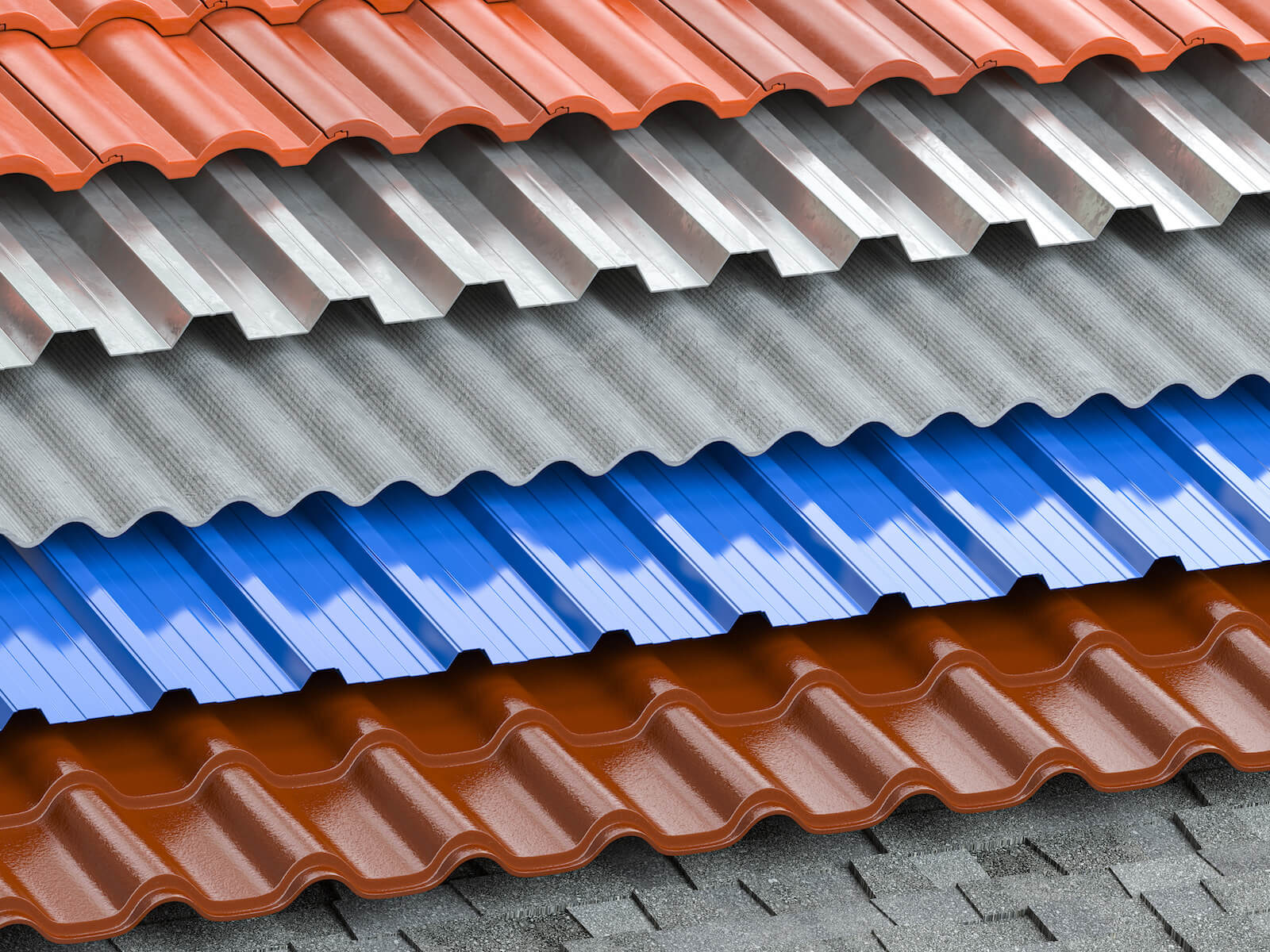 Stacks of colorful corrugated roofing sheets in different materials and colors.